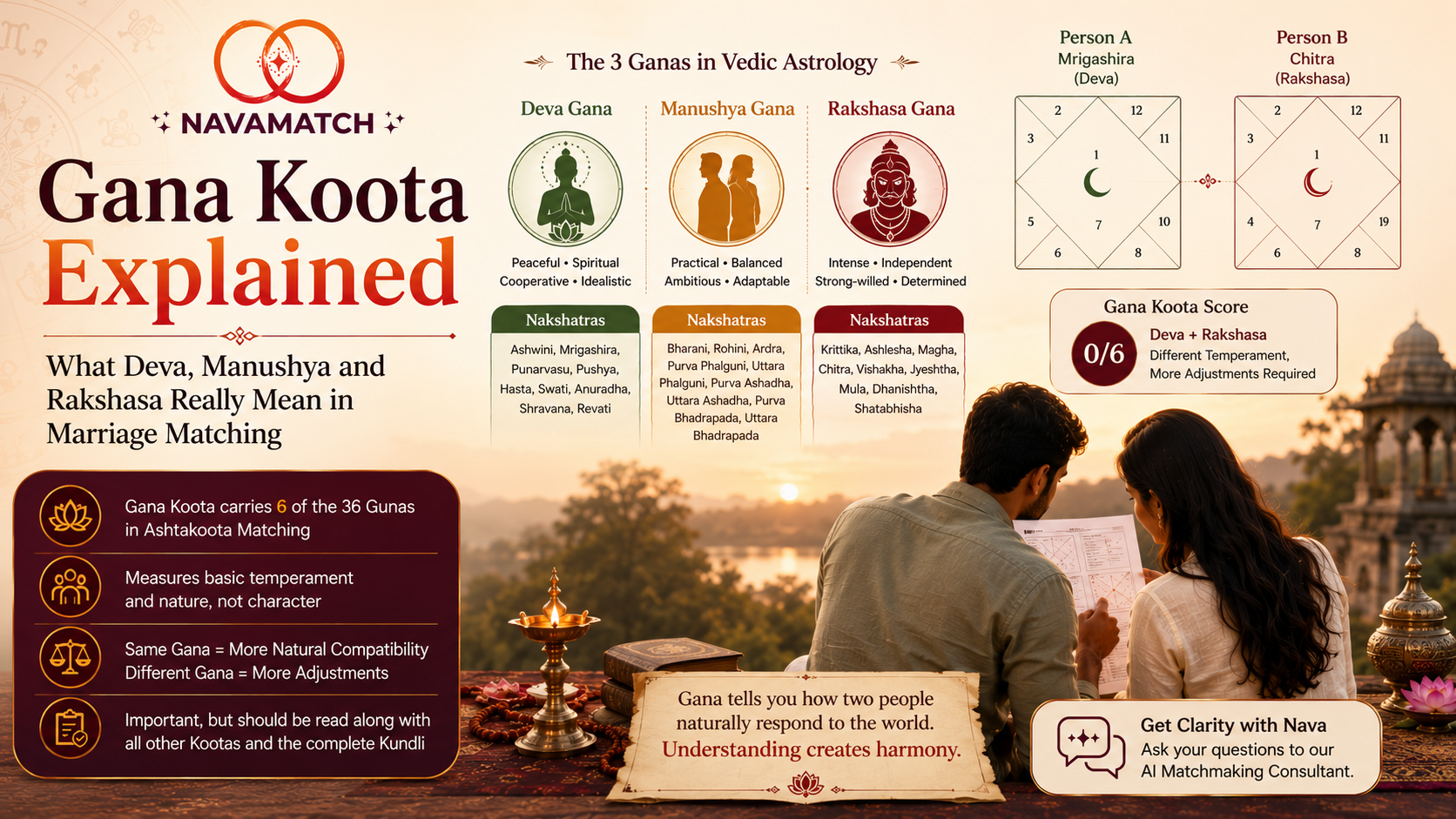 Gana Koota explained with Deva, Manushya and Rakshasa Nakshatra categories and a couple considering marriage compatibility