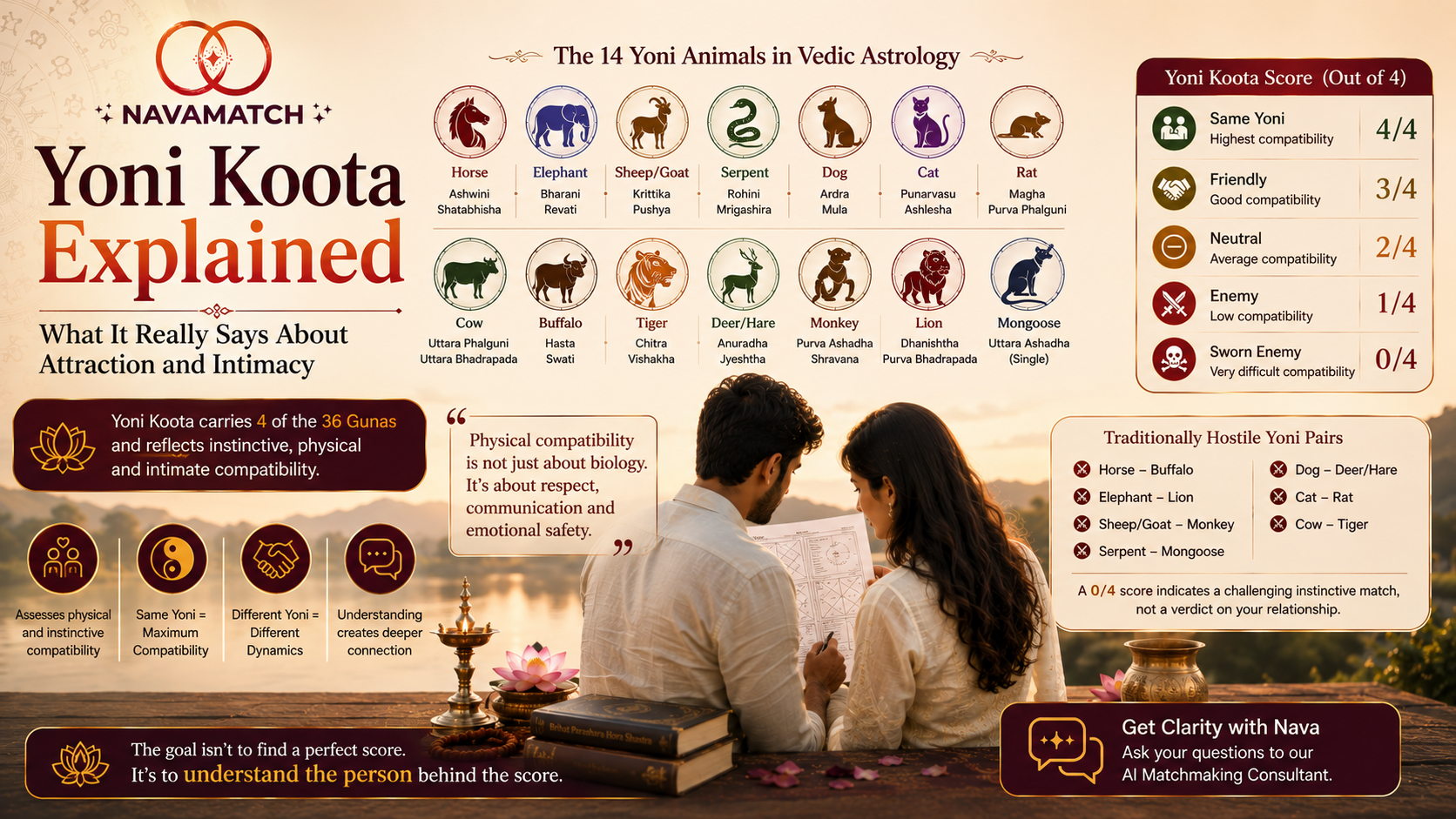 Yoni Koota explained through the 14 animal Yonis, Nakshatra compatibility and a couple exploring physical and emotional compatibility