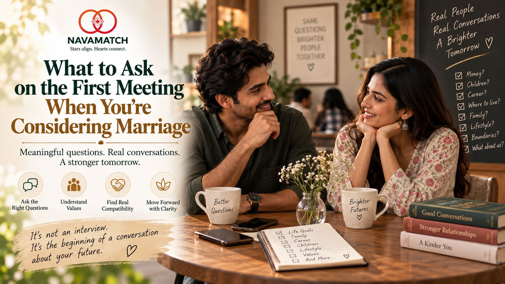 Young Indian couple having a relaxed first conversation while considering marriage, discussing values, family, career and their future